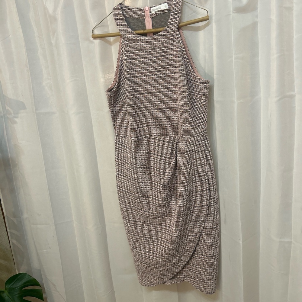 Elegant Pink Metallic Tweed Halter Neck Wrap Cocktail Dress in Pink and Gray